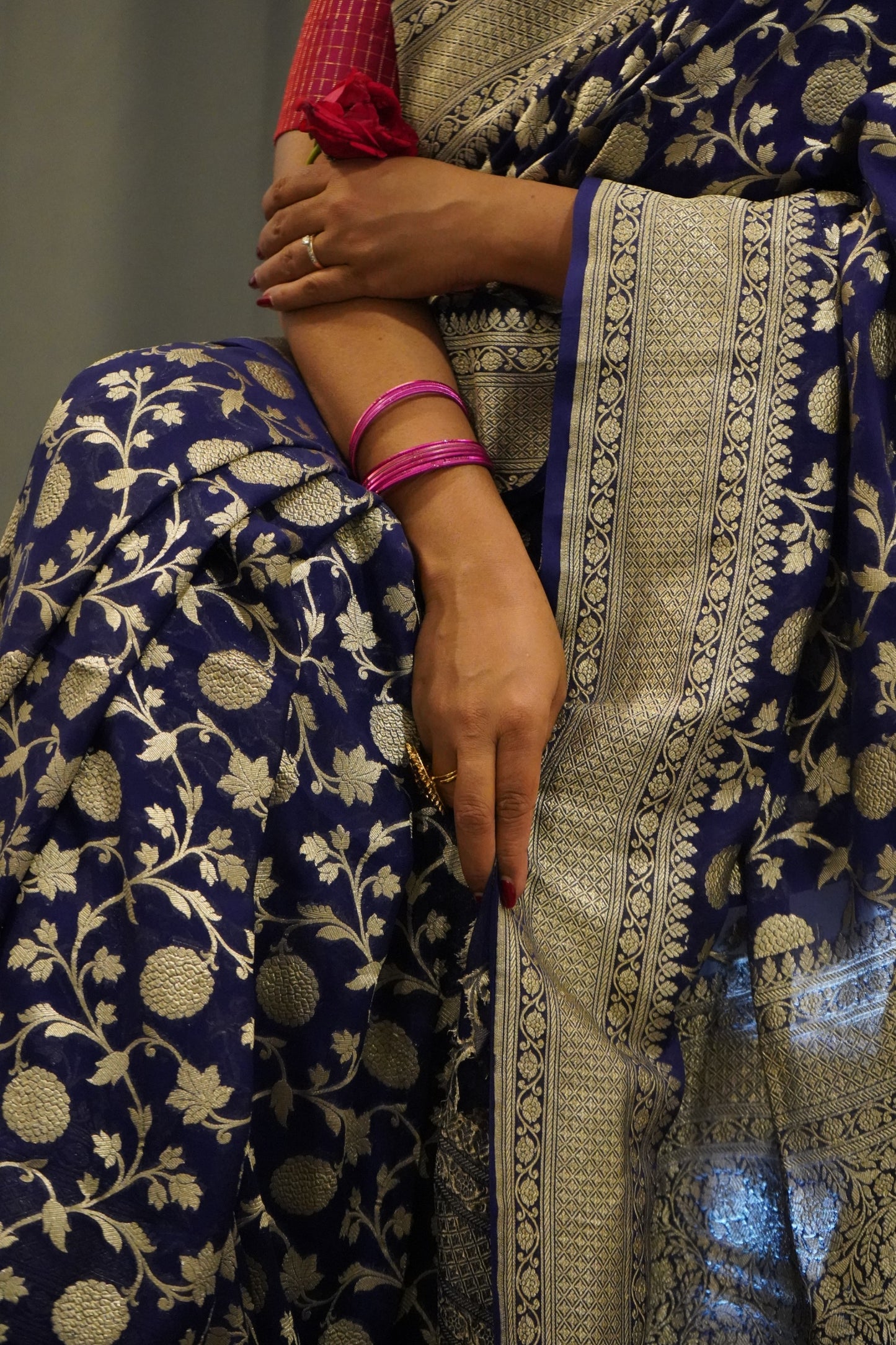 Royal Blue Pure Khaddi Georgette Banarasi Saree with Handwoven Zari Jaal
