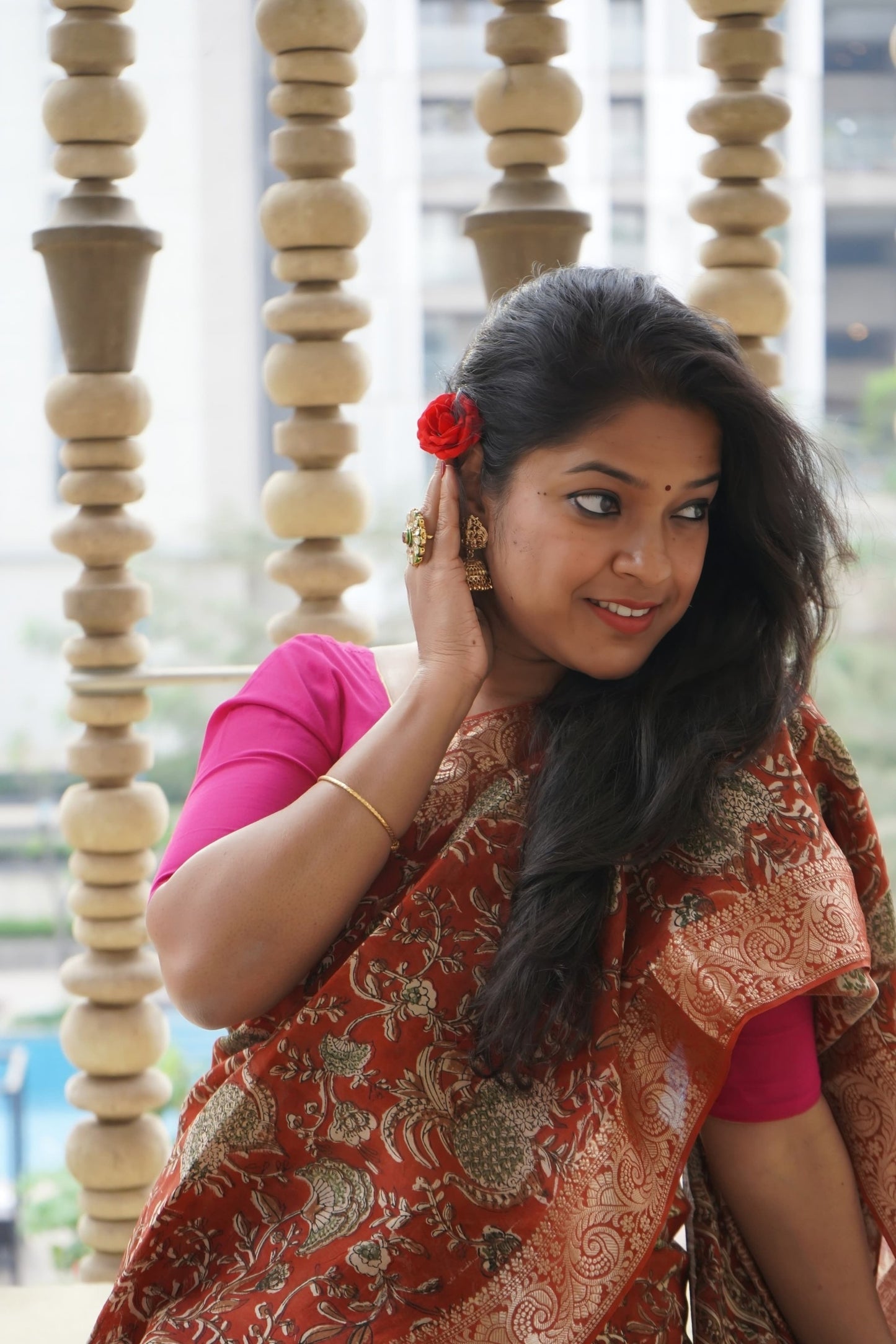 Rust Red Chanderi Cotton Saree with Zari Hand Block Printed