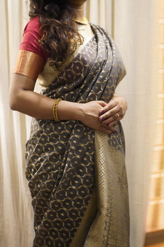Grey Banarasi Cotton Saree with Zari Buti