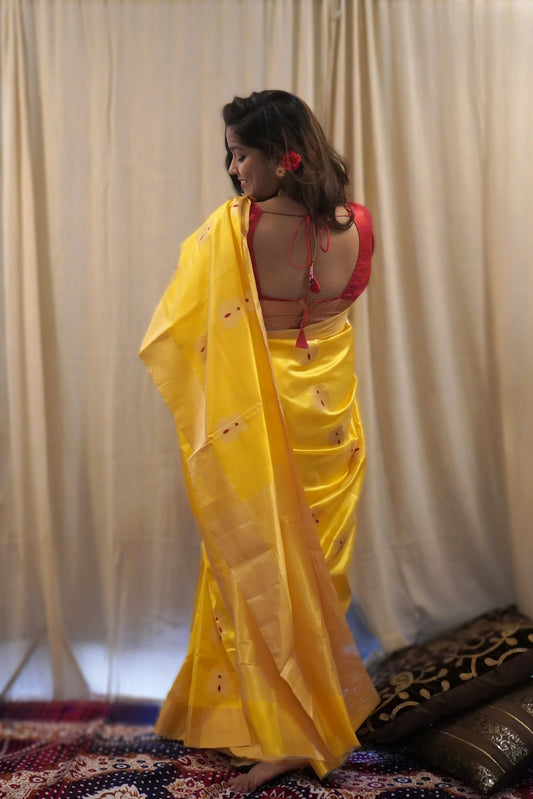 Yellow Pure Pattu Silk Chanderi Saree