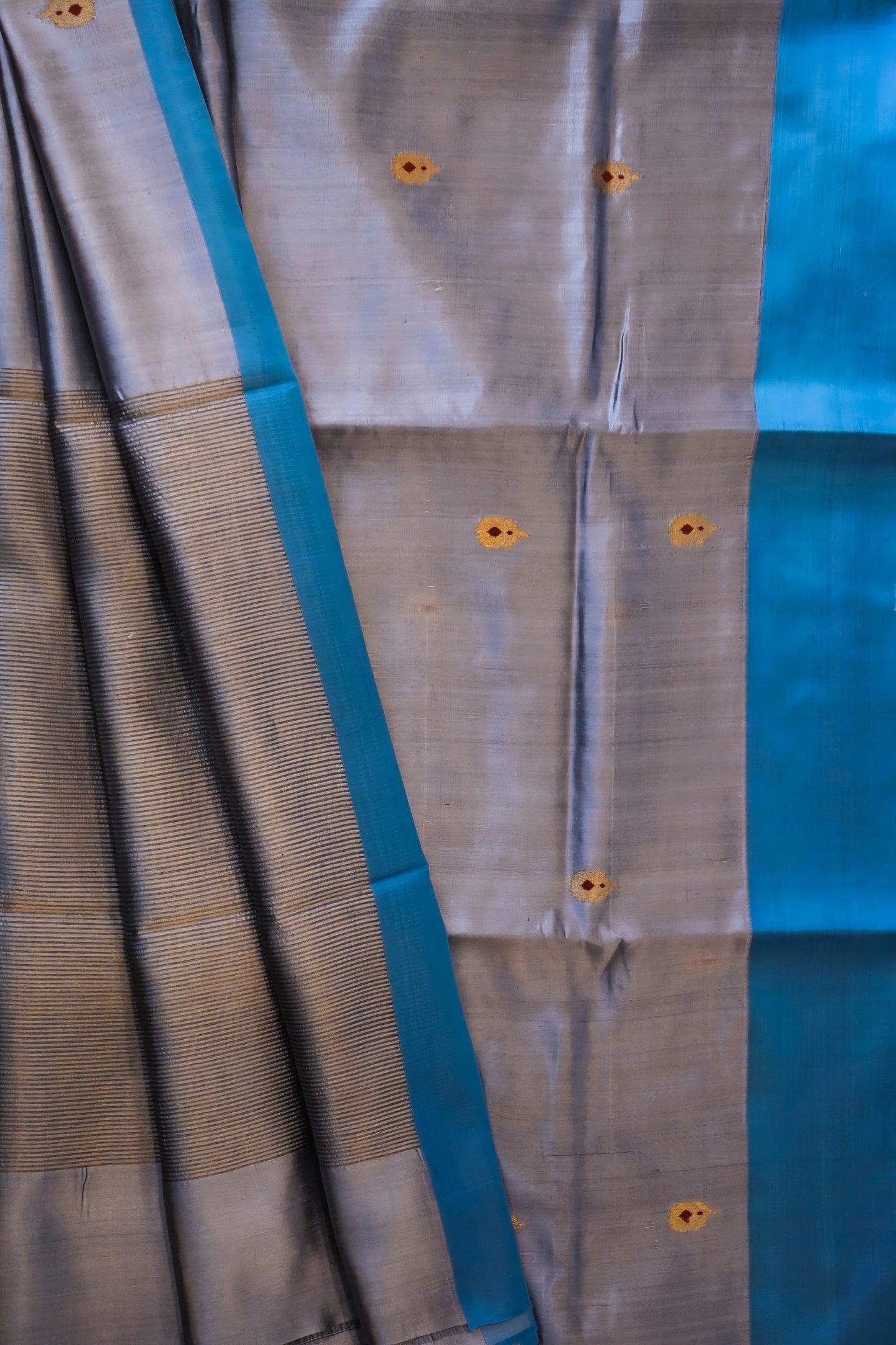 Grey Blue Pure Pattu Silk Chanderi Saree