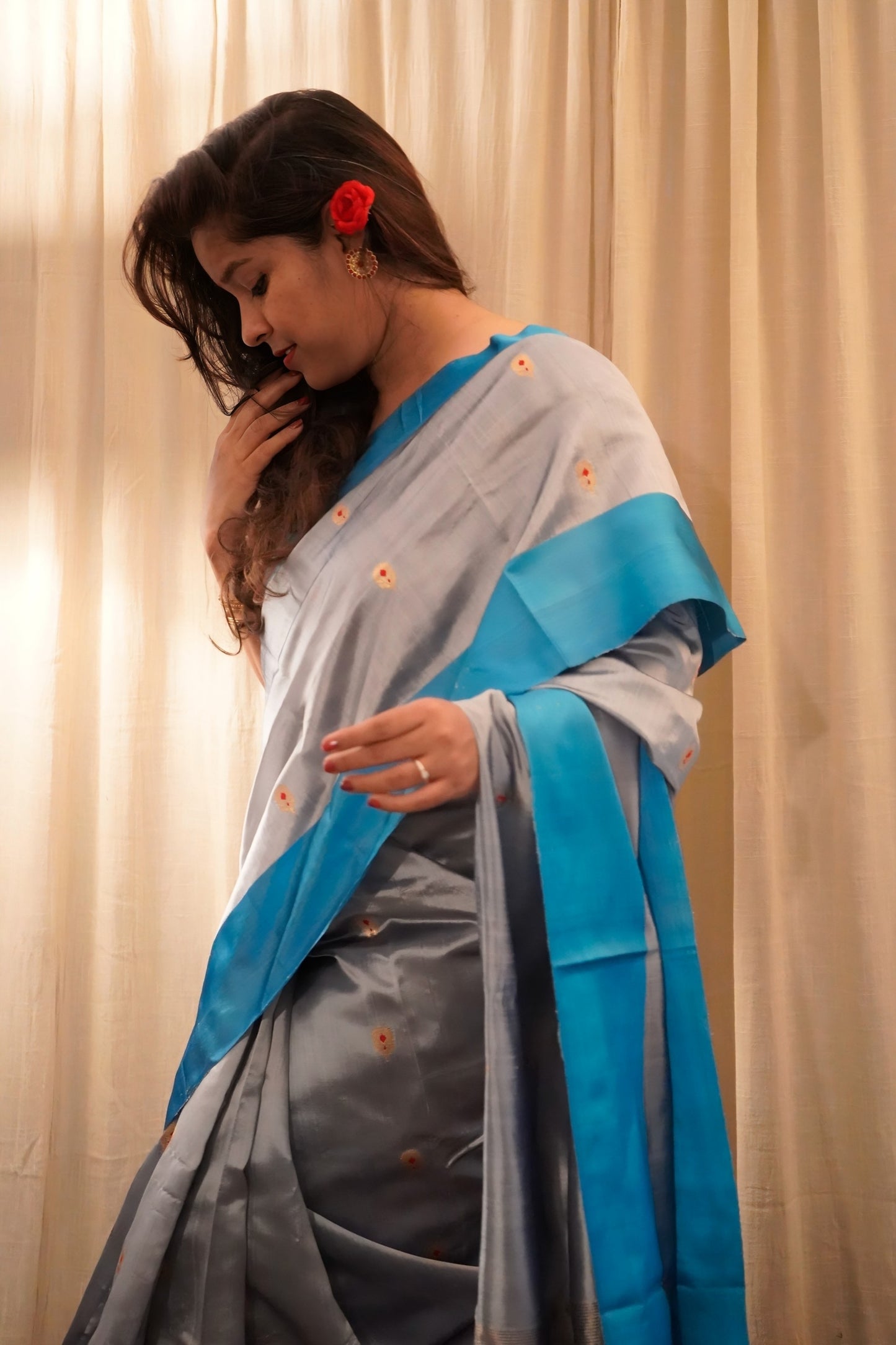Grey Blue Pure Pattu Silk Chanderi Saree