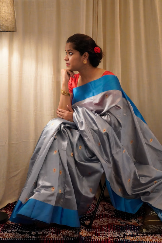 Grey Blue Pure Pattu Silk Chanderi Saree