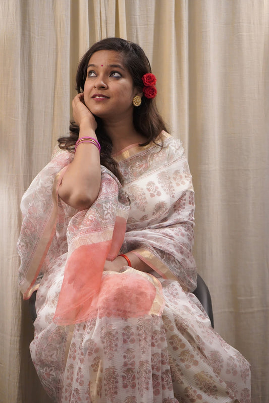 White Kota Silk Saree with Light Pink Handblock Prints