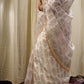 White Kota Silk Saree with Light Pink Handblock Prints