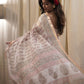 White Kota Silk Saree with Light Pink Handblock Prints