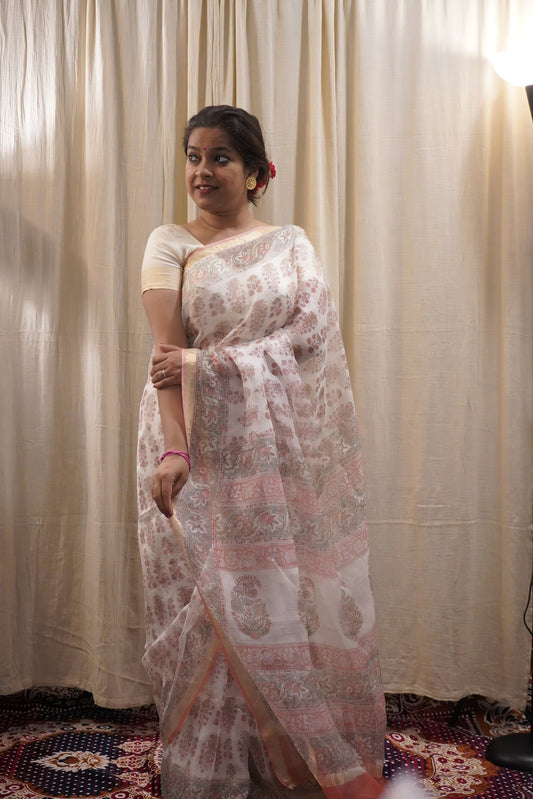 White Kota Silk Saree with Light Pink Handblock Prints