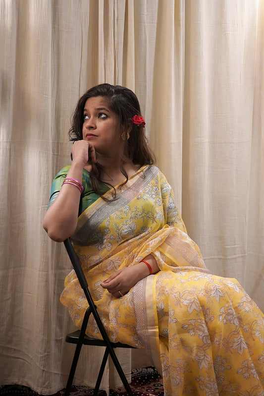 Yellow Handblock Printed Kota Silk Saree