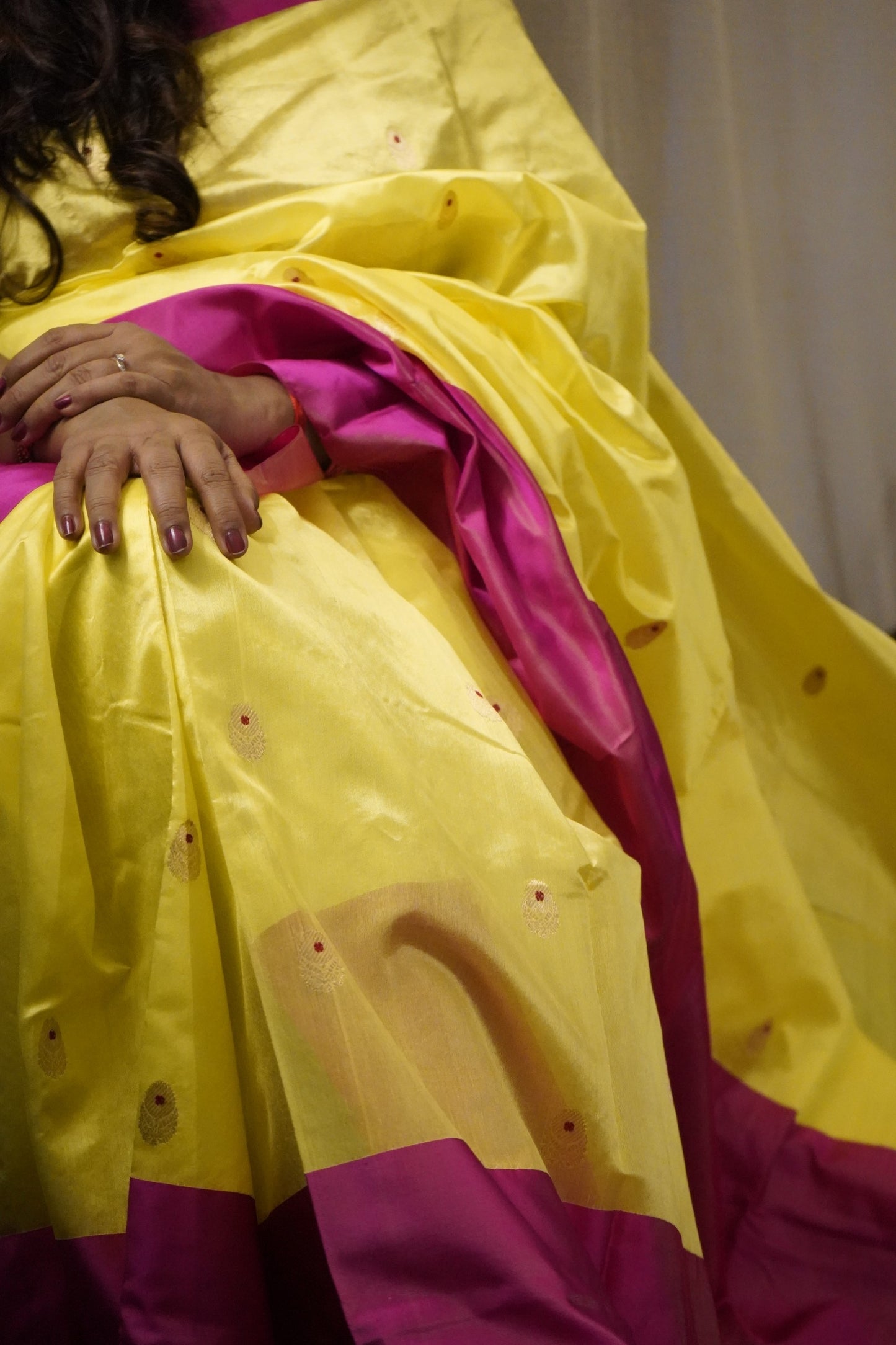 Yellow Pink Pure Pattu Silk Chanderi Saree