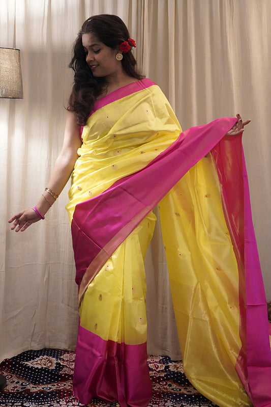Yellow Pink Pure Pattu Silk Chanderi Saree