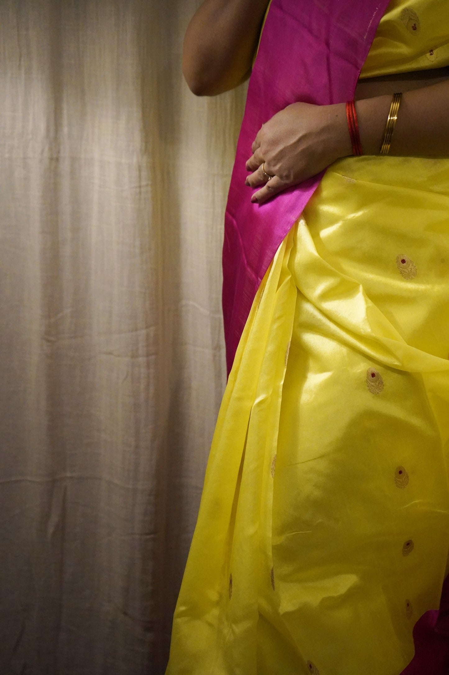 Yellow Pink Pure Pattu Silk Chanderi Saree