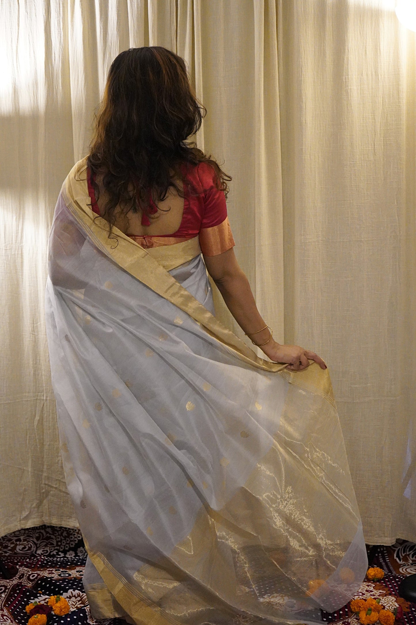 Grey Silk Cotton Chanderi Saree with Zari work