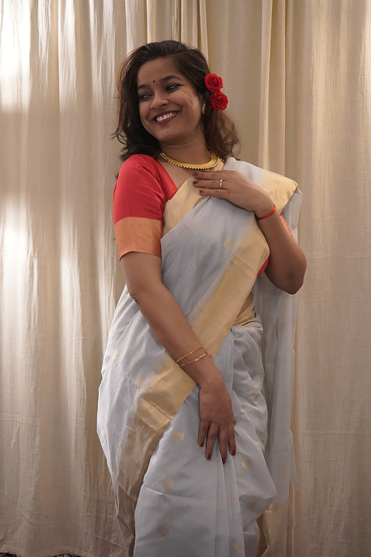 Grey Silk Cotton Chanderi Saree with Zari work