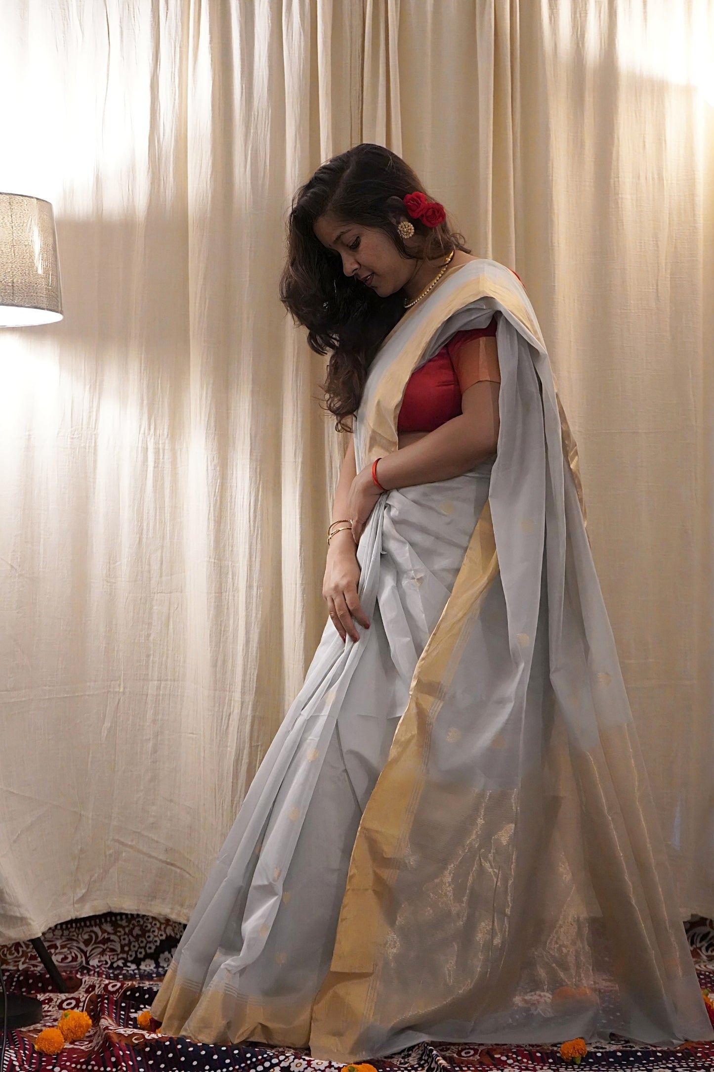 Grey Silk Cotton Chanderi Saree with Zari work