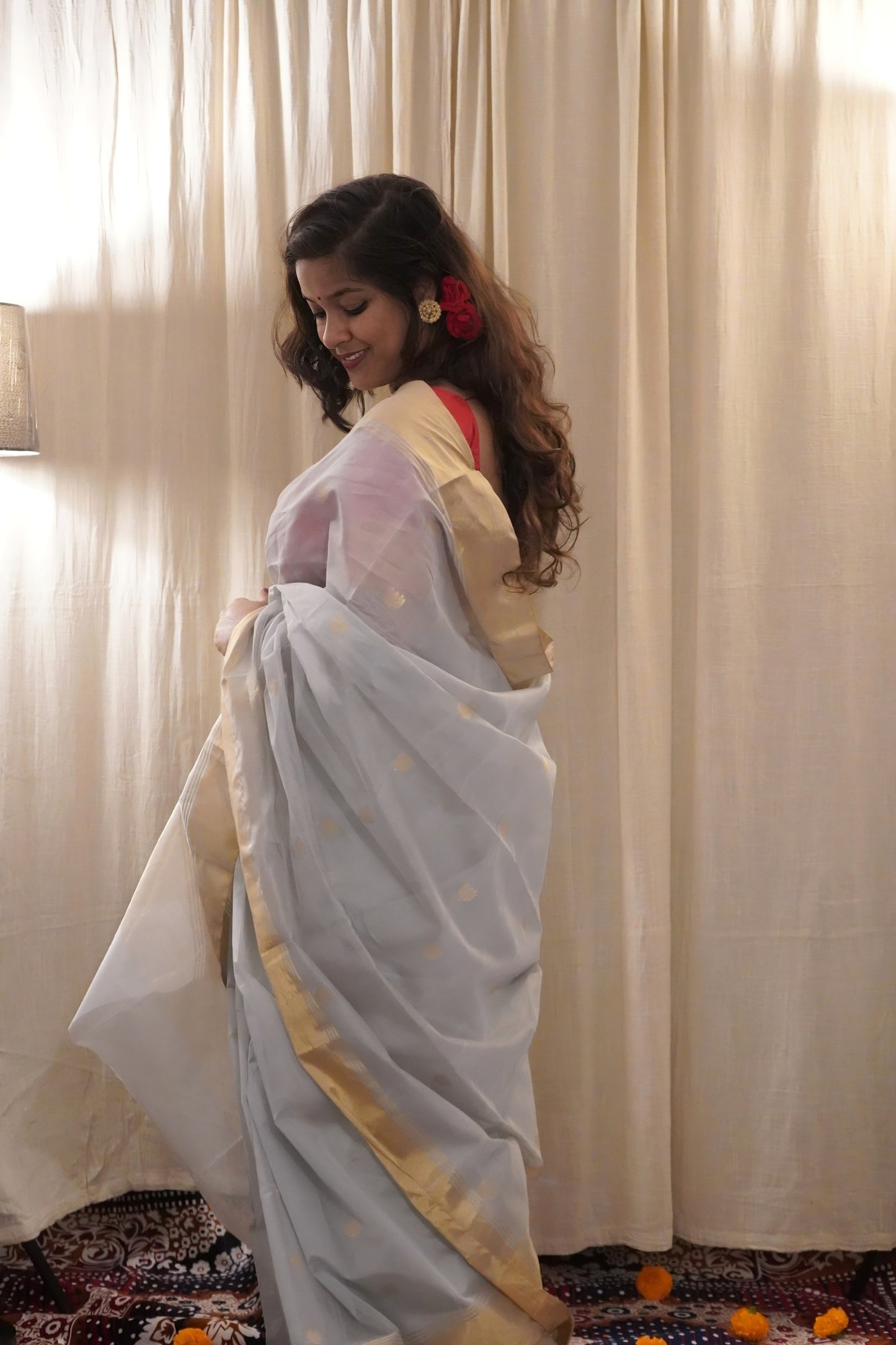 Grey Silk Cotton Chanderi Saree with Zari work