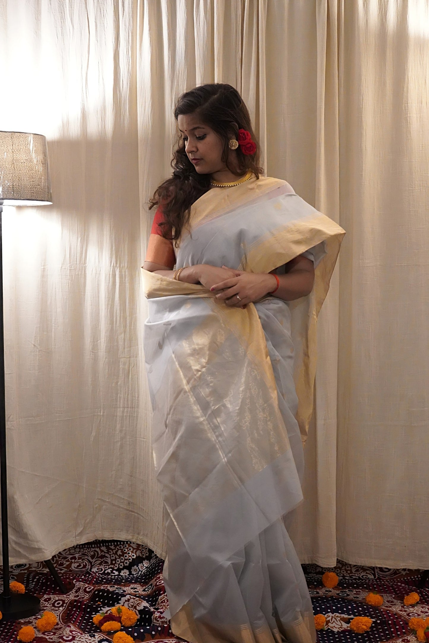 Grey Silk Cotton Chanderi Saree with Zari work