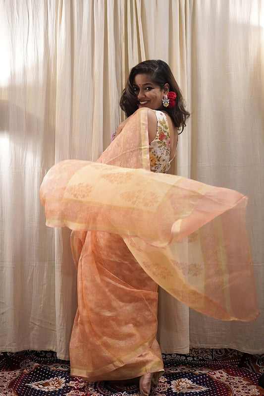 Peach Kota Silk Handblock Printed Saree