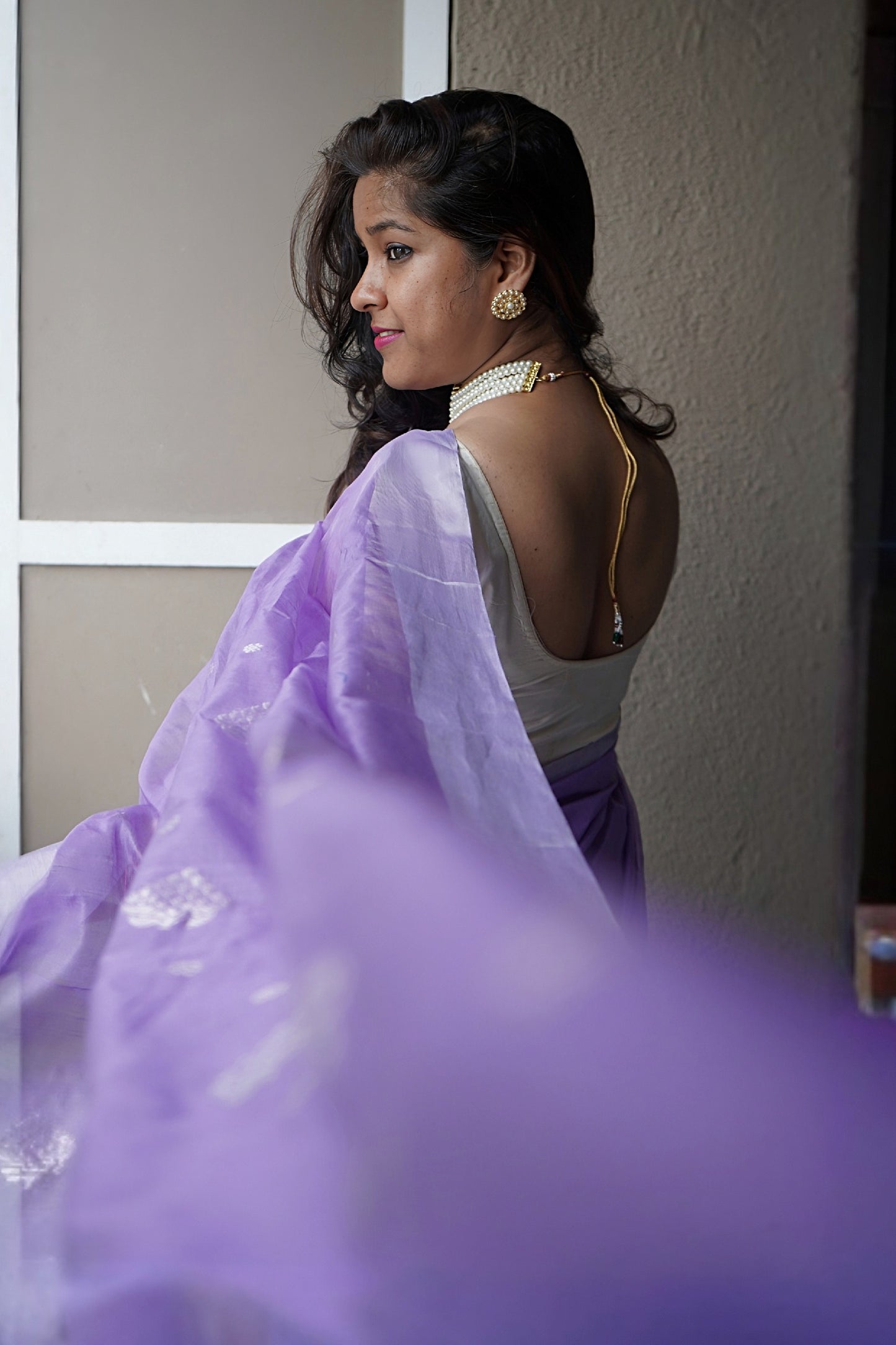 Lavendar Silk Cotton Chanderi Saree with Zari work