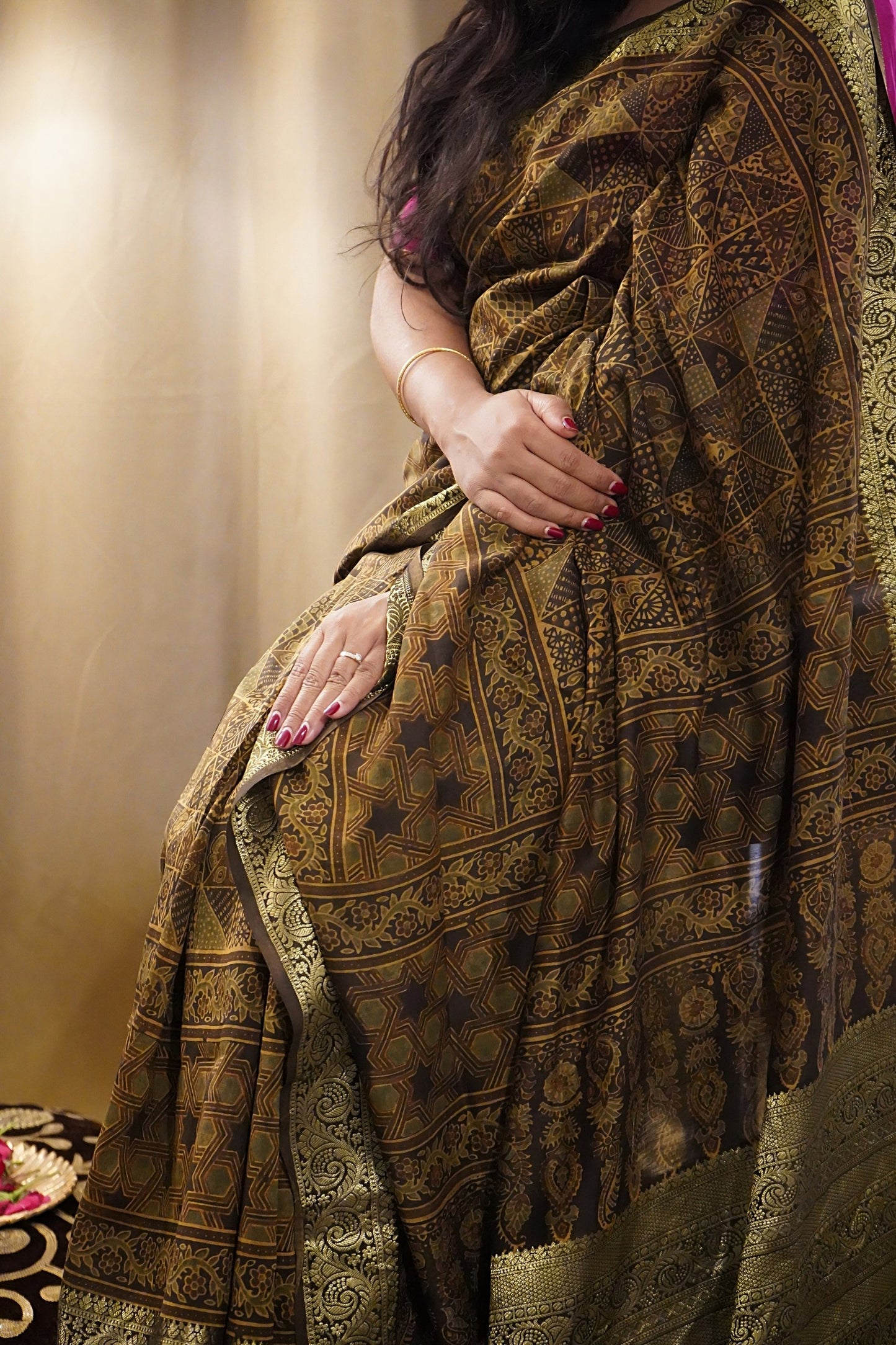 Ajrakh-Inspired Handblock Printed Chanderi Cotton Saree with Zari Border