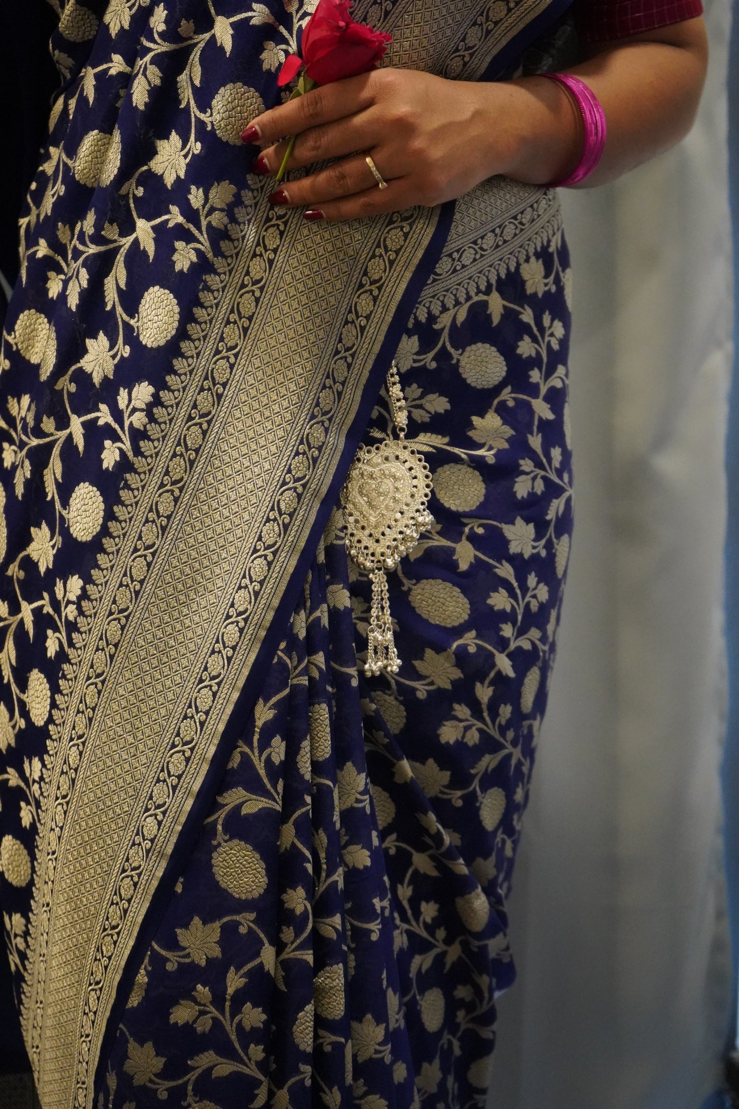 Royal Blue Pure Khaddi Georgette Banarasi Saree with Handwoven Zari Jaal