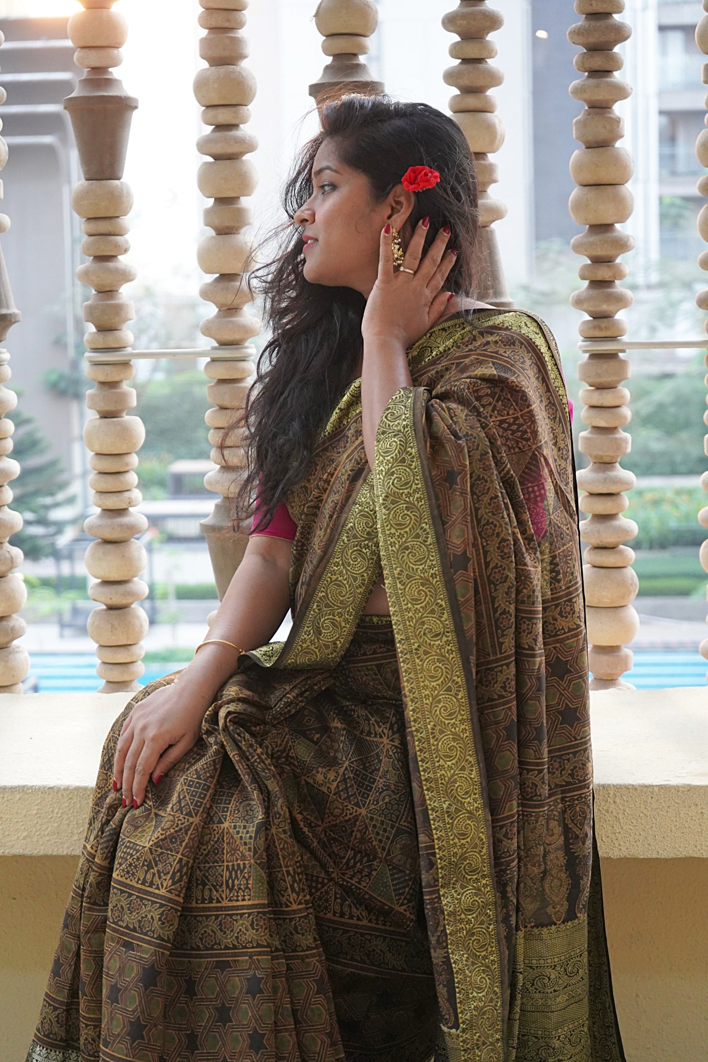 Ajrakh-Inspired Handblock Printed Chanderi Cotton Saree with Zari Border