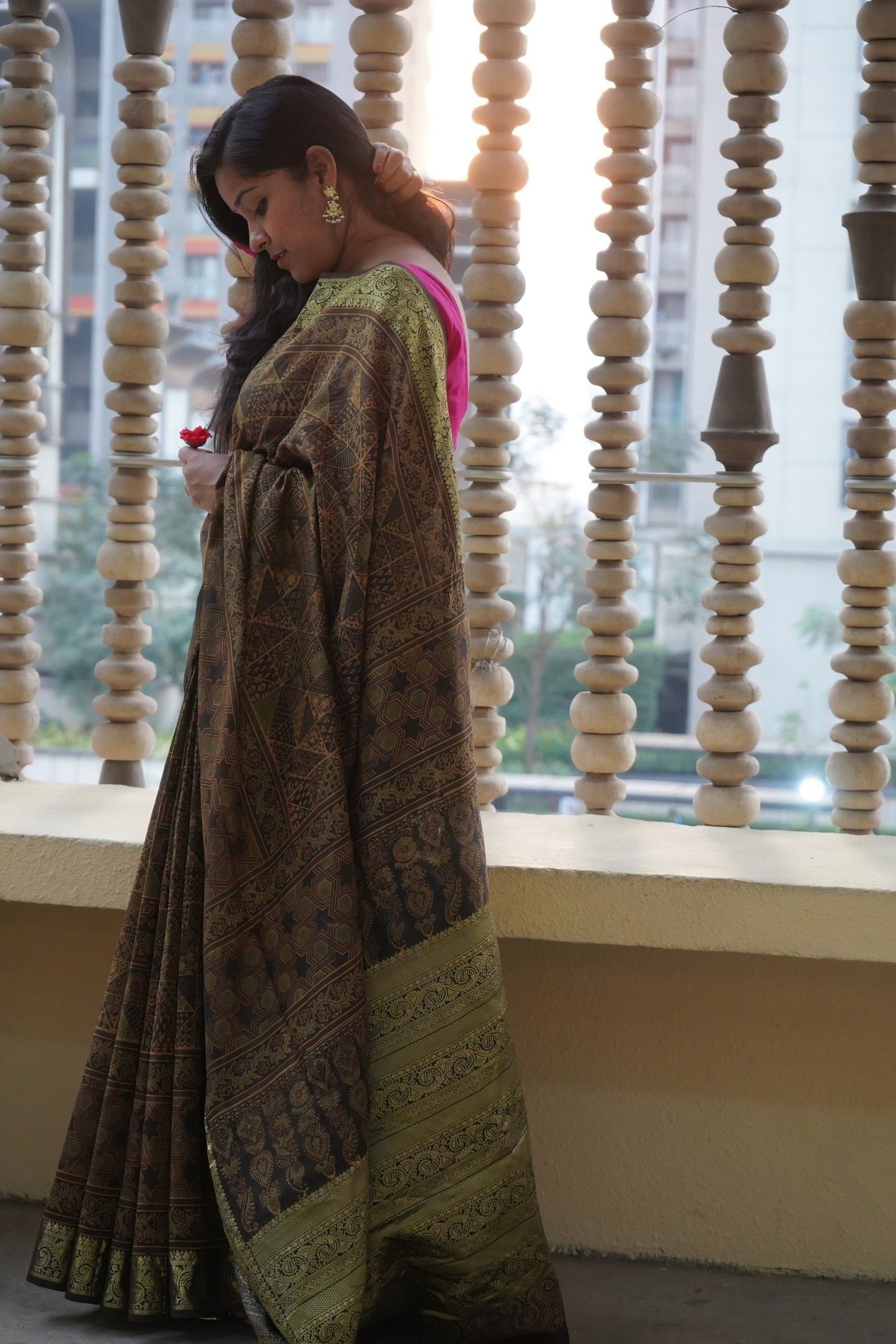 Ajrakh-Inspired Handblock Printed Chanderi Cotton Saree with Zari Border