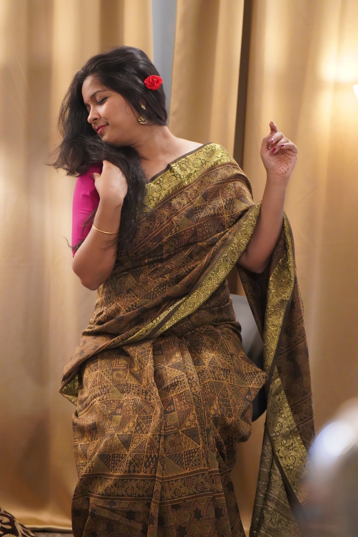 Ajrakh-Inspired Handblock Printed Chanderi Cotton Saree with Zari Border