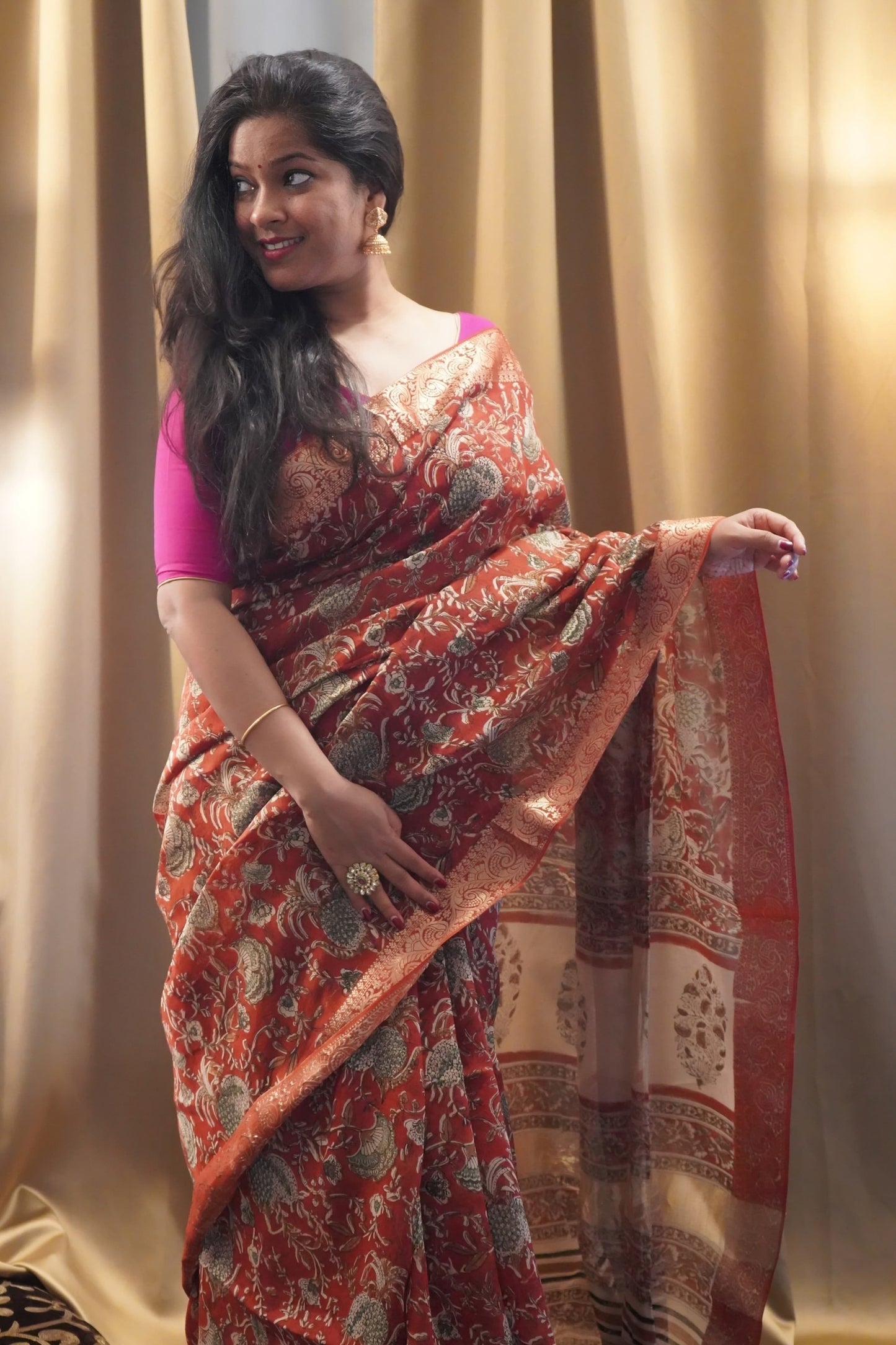 Rust Red Chanderi Cotton Saree with Zari Hand Block Printed