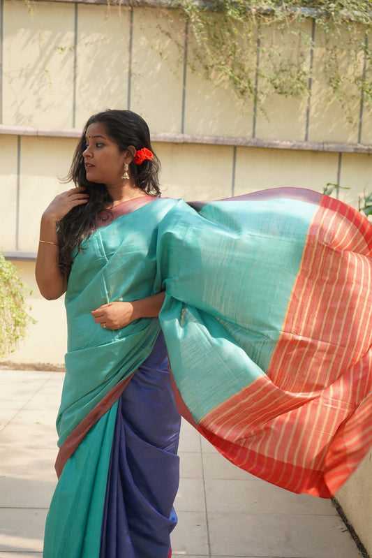 Fine Tussar Colour Blocked Saree