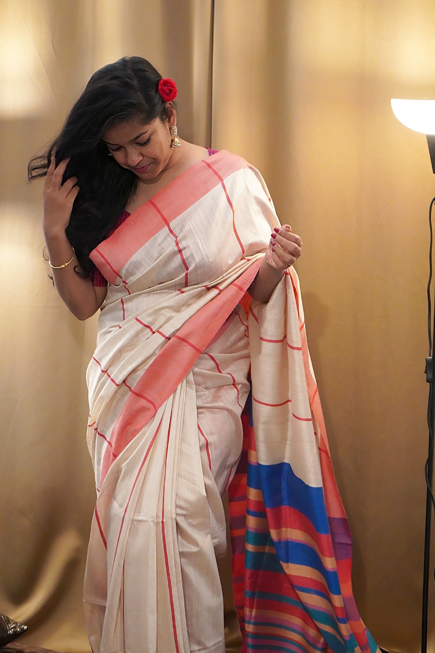 Pure Tussar Soft Silk Colour Blocked Saree