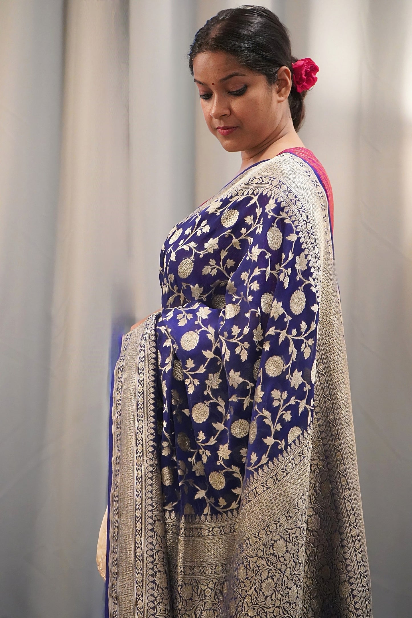 Royal Blue Pure Khaddi Georgette Banarasi Saree with Handwoven Zari Jaal