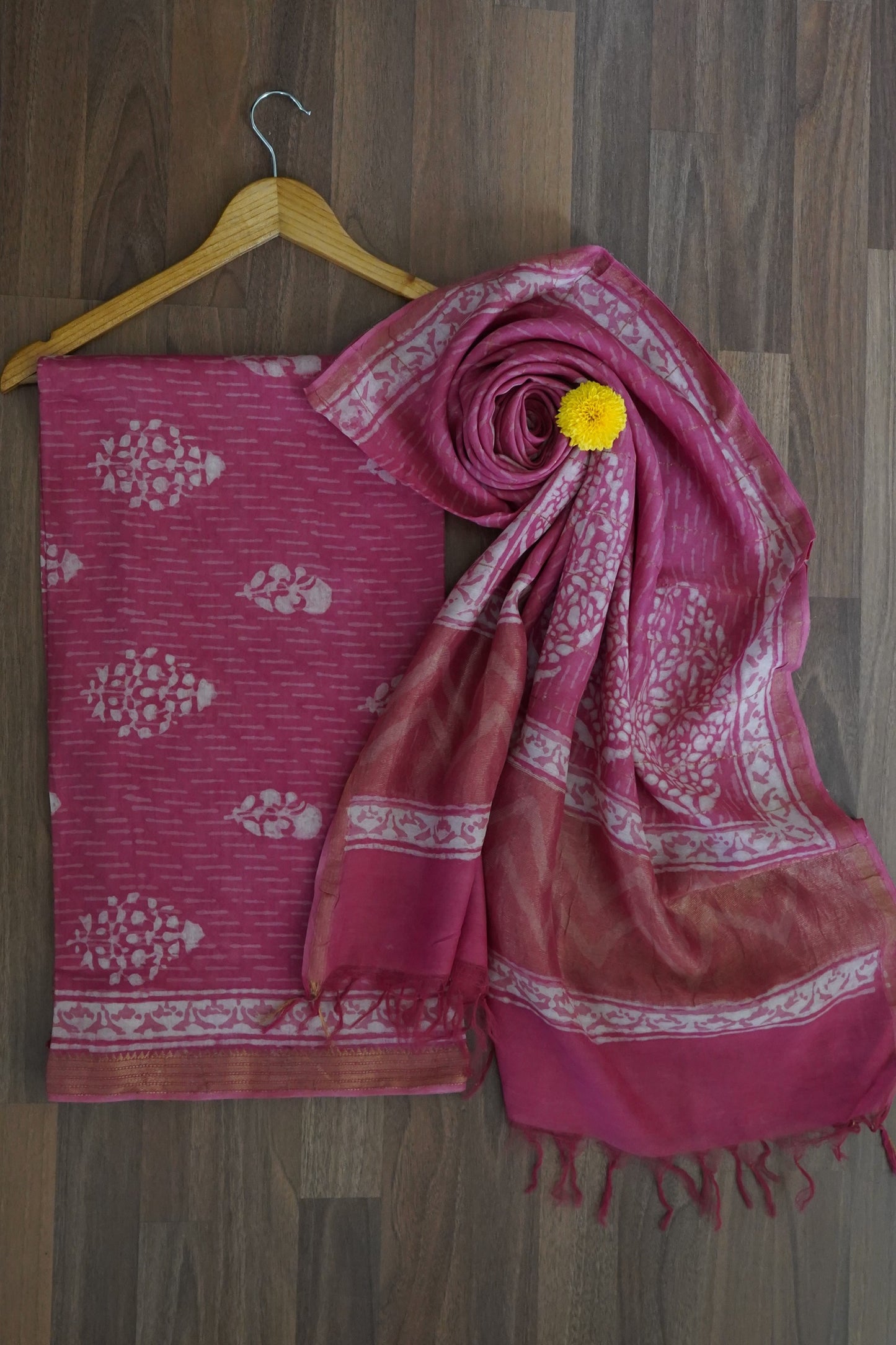 Hand Block Printed Chanderi Silk Cotton Suit Set