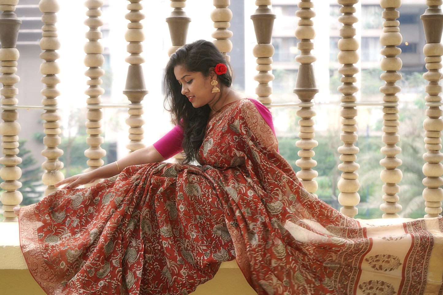 Rust Red Chanderi Cotton Saree with Zari Hand Block Printed