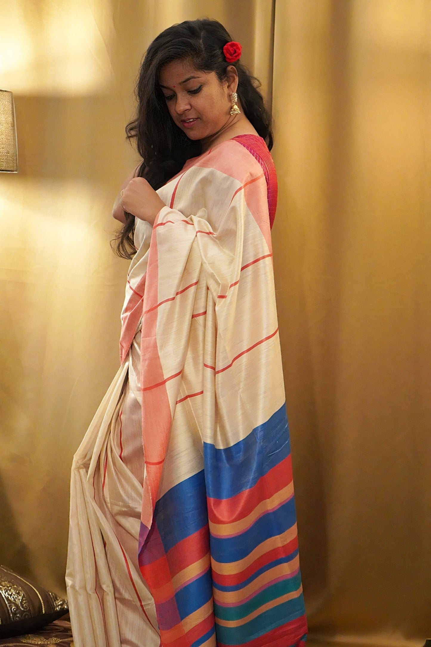 Pure Tussar Soft Silk Colour Blocked Saree