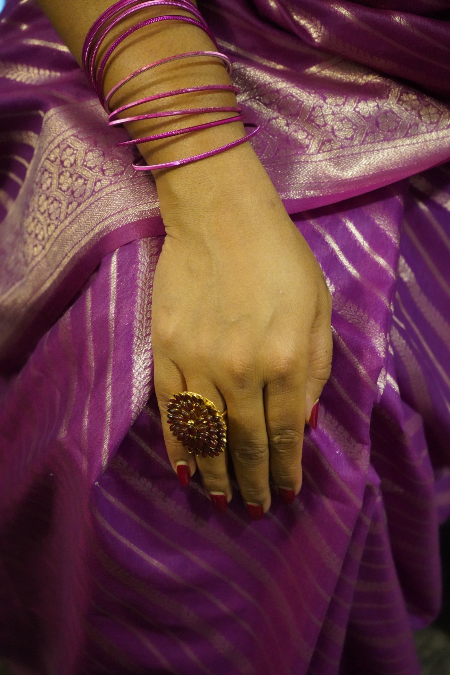 Magenta Banarasi Cotton Silk Saree with Zari Stripes
