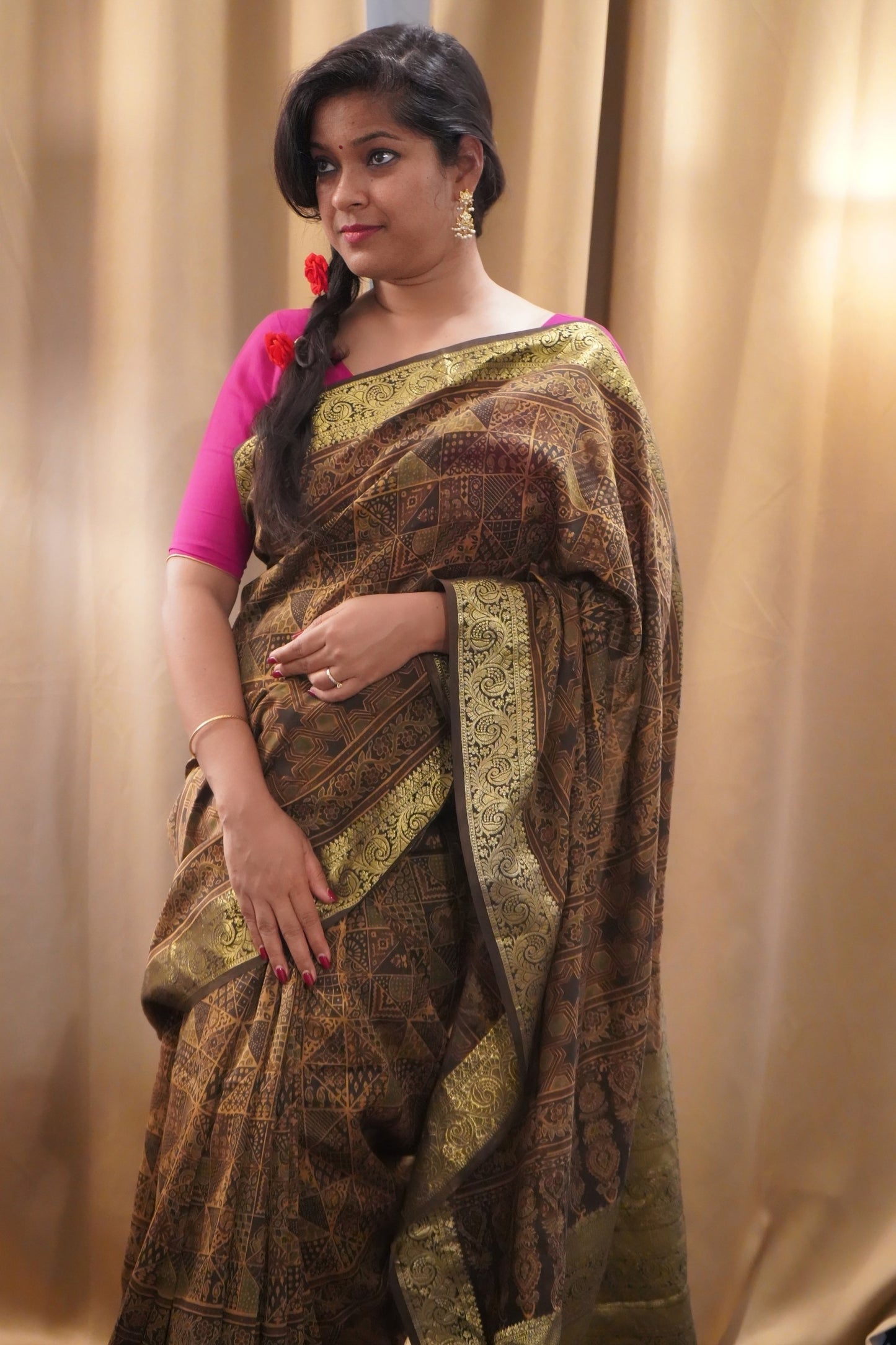 Ajrakh-Inspired Handblock Printed Chanderi Cotton Saree with Zari Border