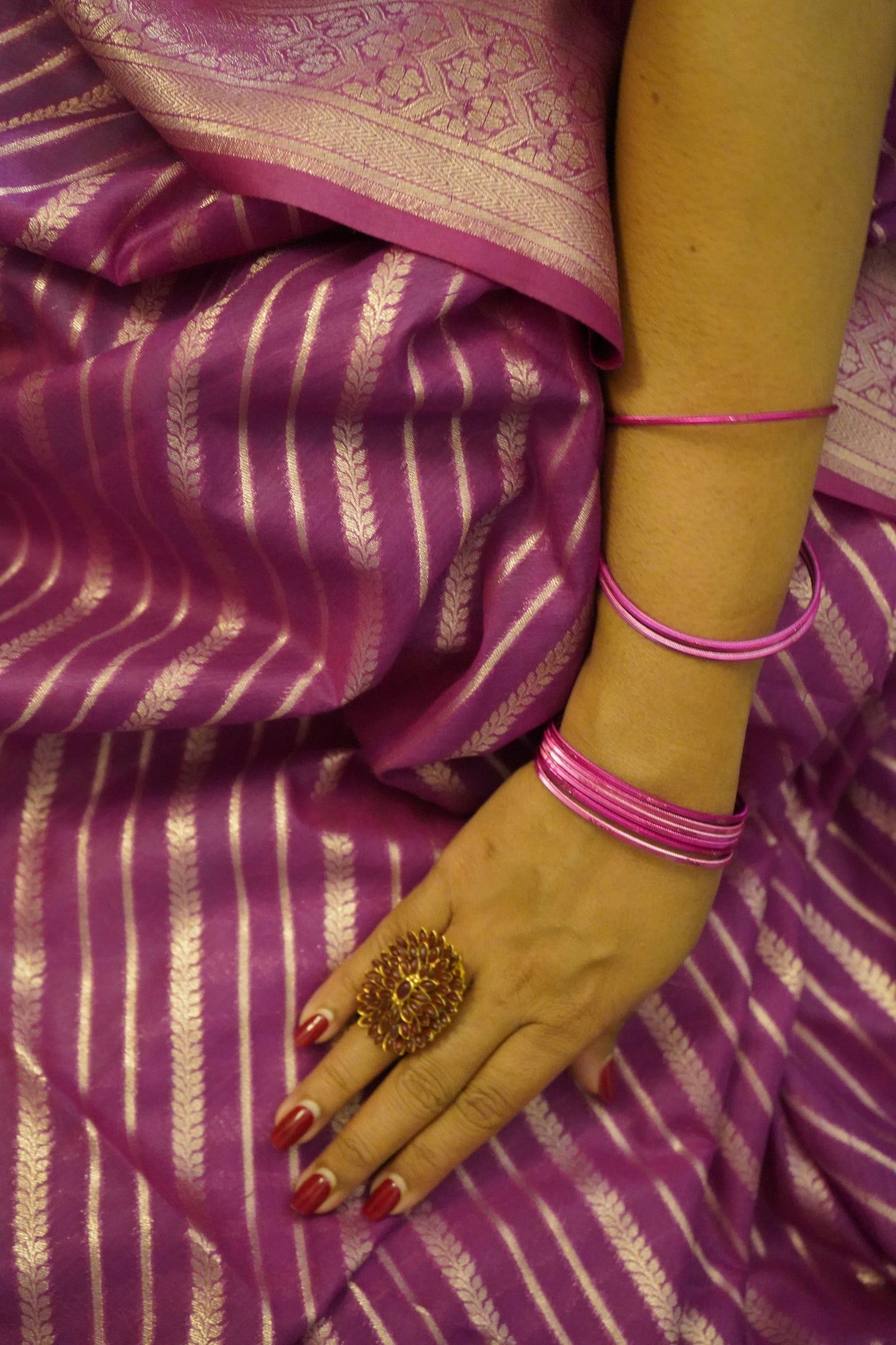 Magenta Banarasi Cotton Silk Saree with Zari Stripes