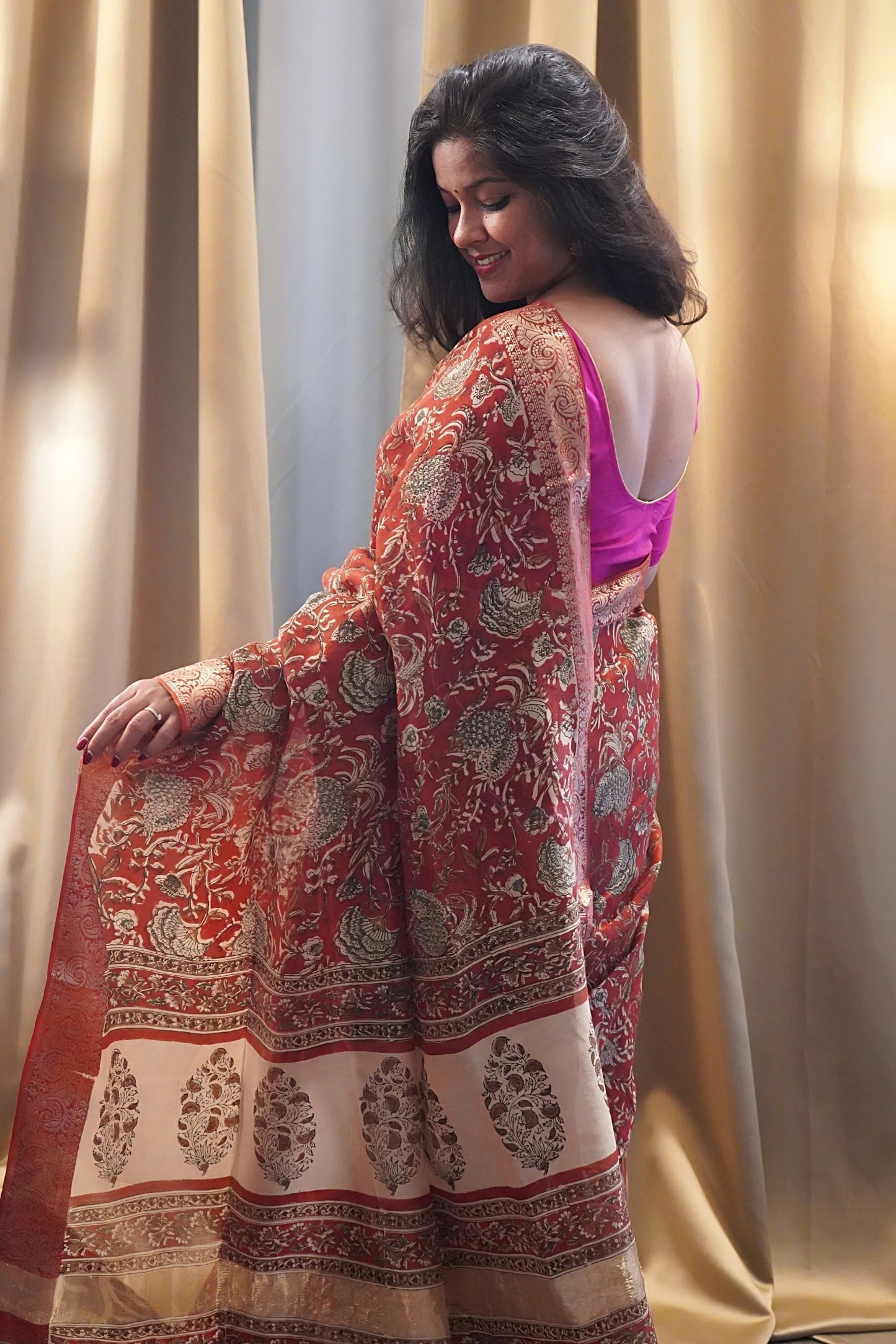 Rust Red Chanderi Cotton Saree with Zari Hand Block Printed