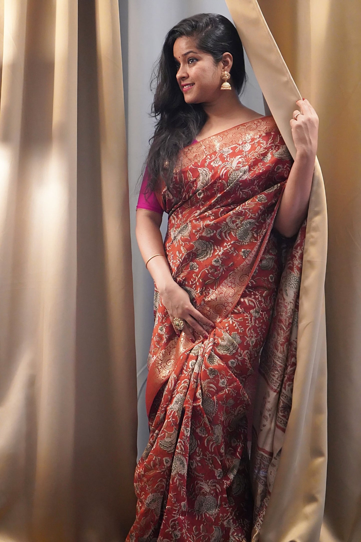 Rust Red Chanderi Cotton Saree with Zari Hand Block Printed