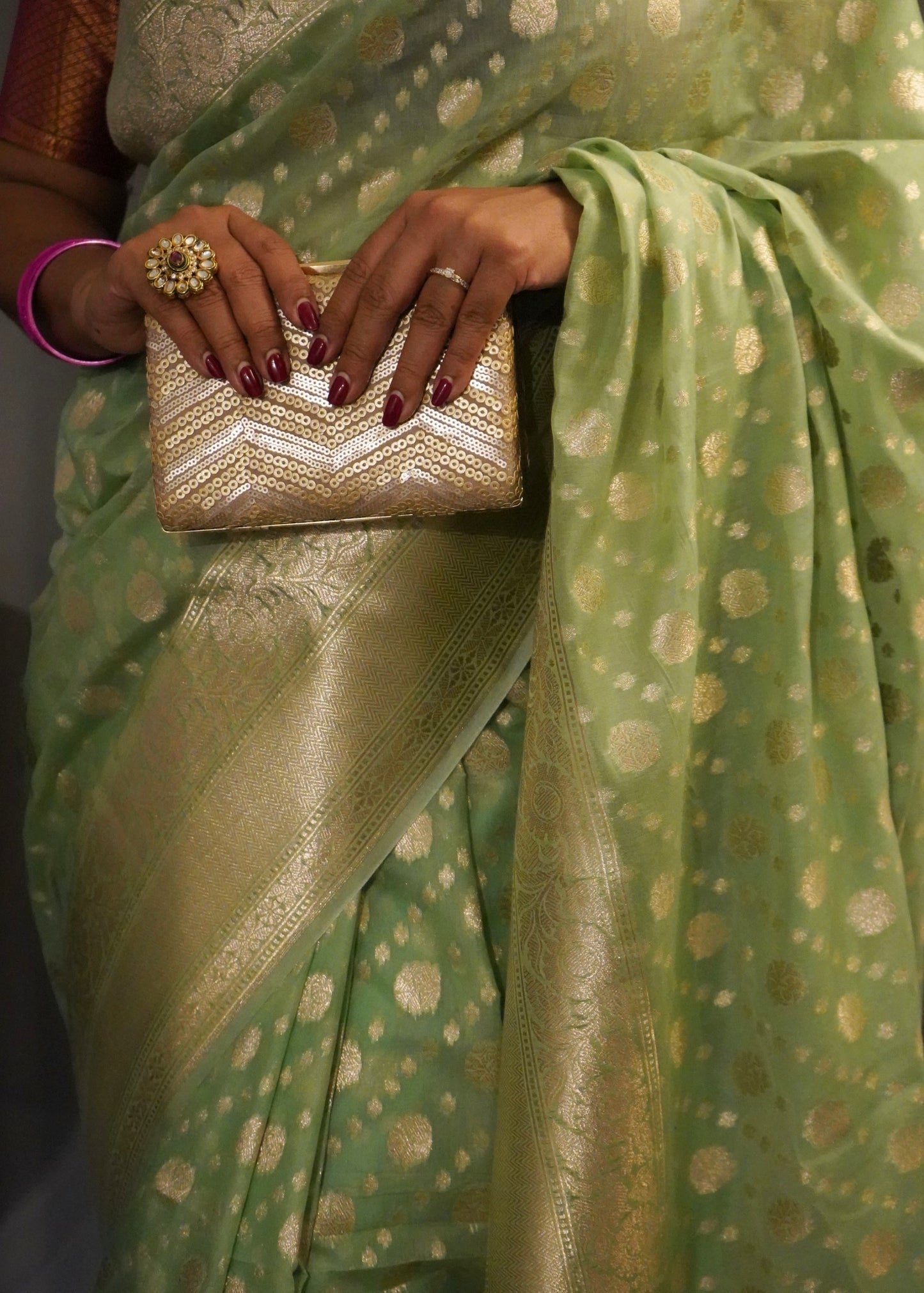 Mint Green Banarasi Cotton Saree with Zari Buti