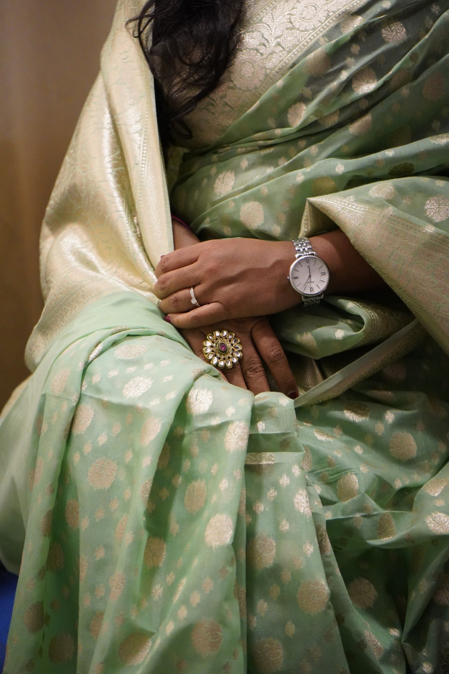 Mint Green Banarasi Cotton Saree with Zari Buti
