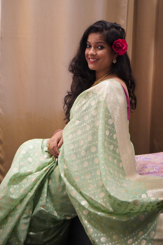 Mint Green Banarasi Cotton Saree with Zari Buti