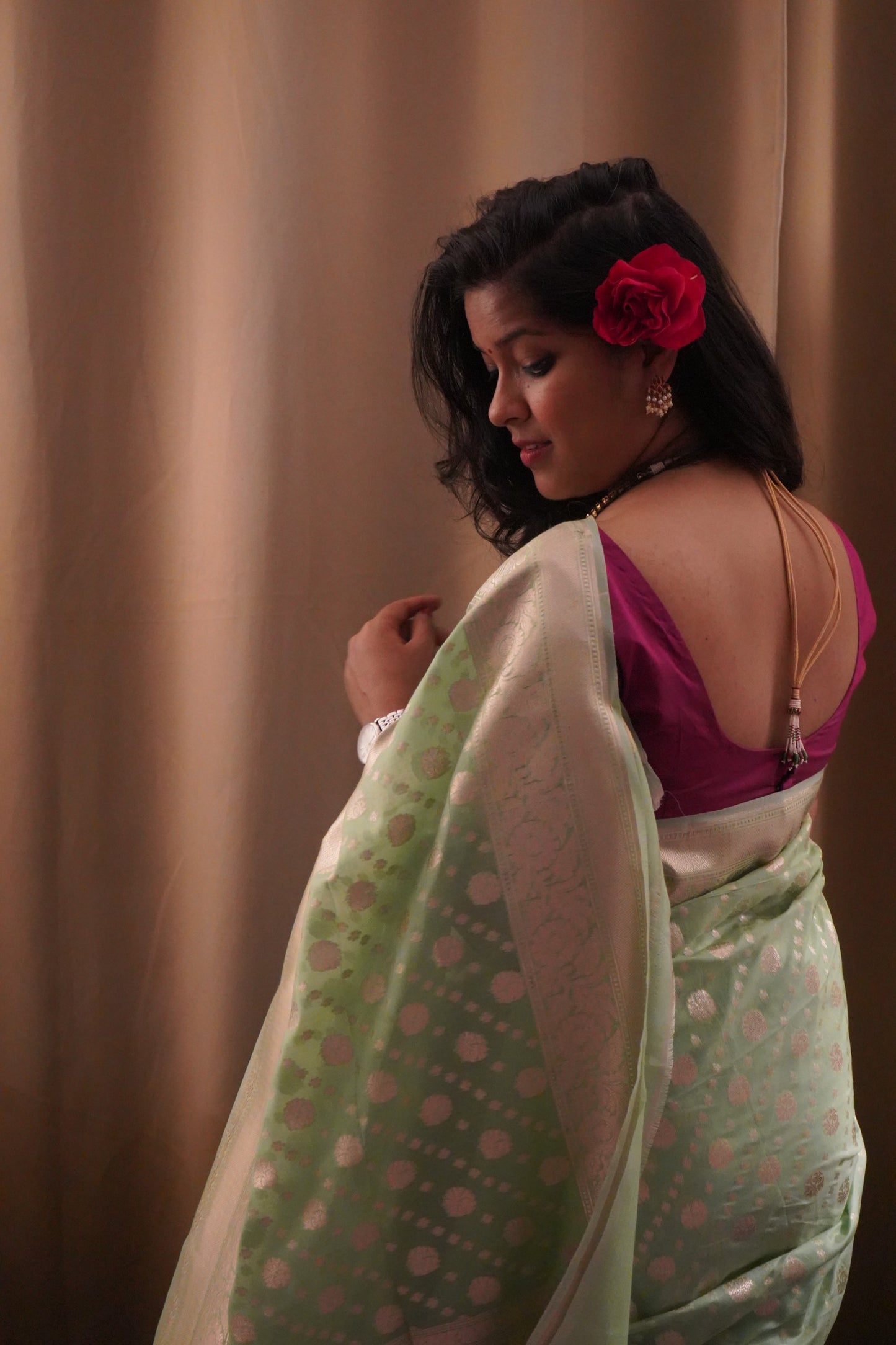 Mint Green Banarasi Cotton Saree with Zari Buti