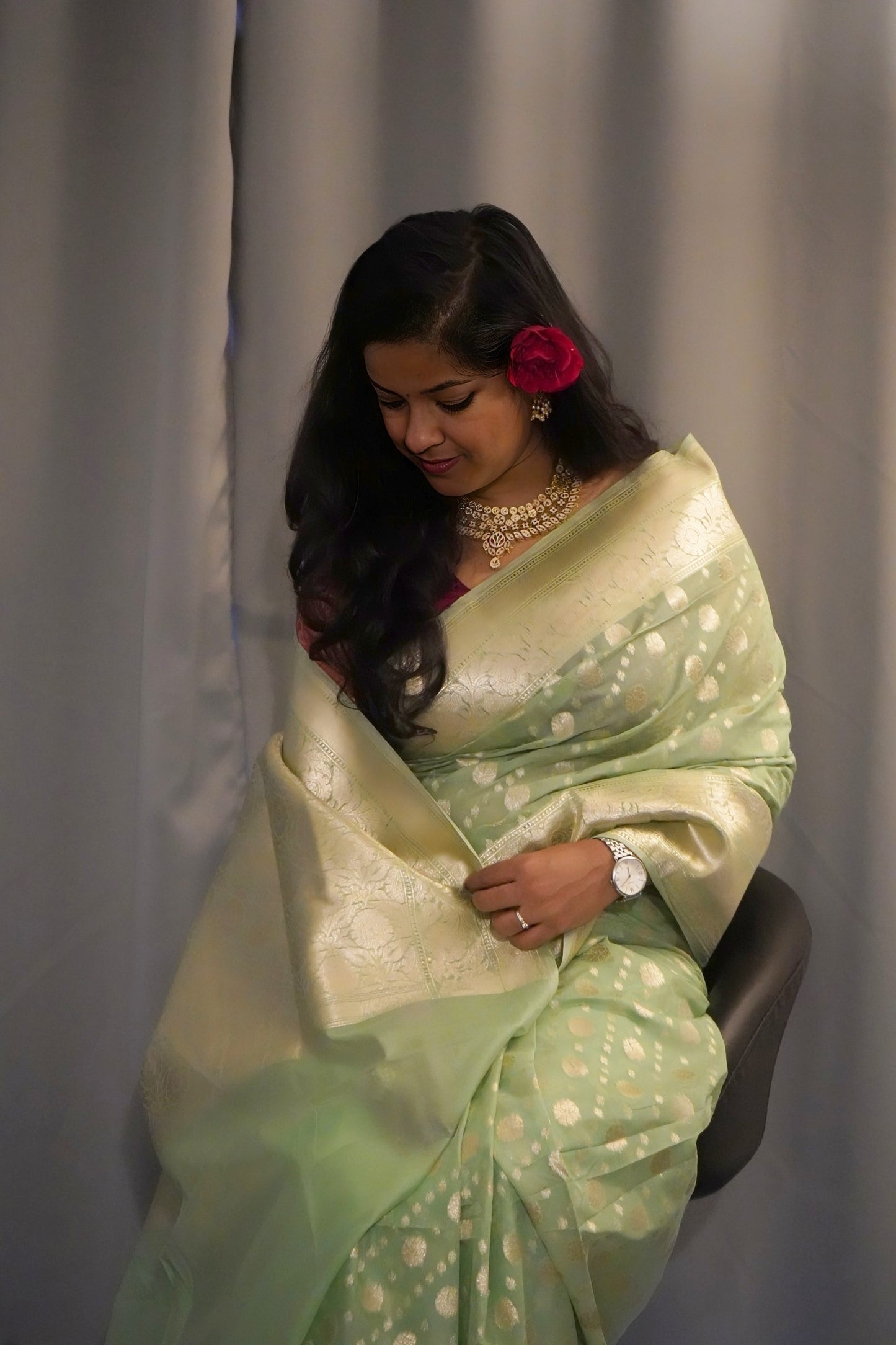 Mint Green Banarasi Cotton Saree with Zari Buti
