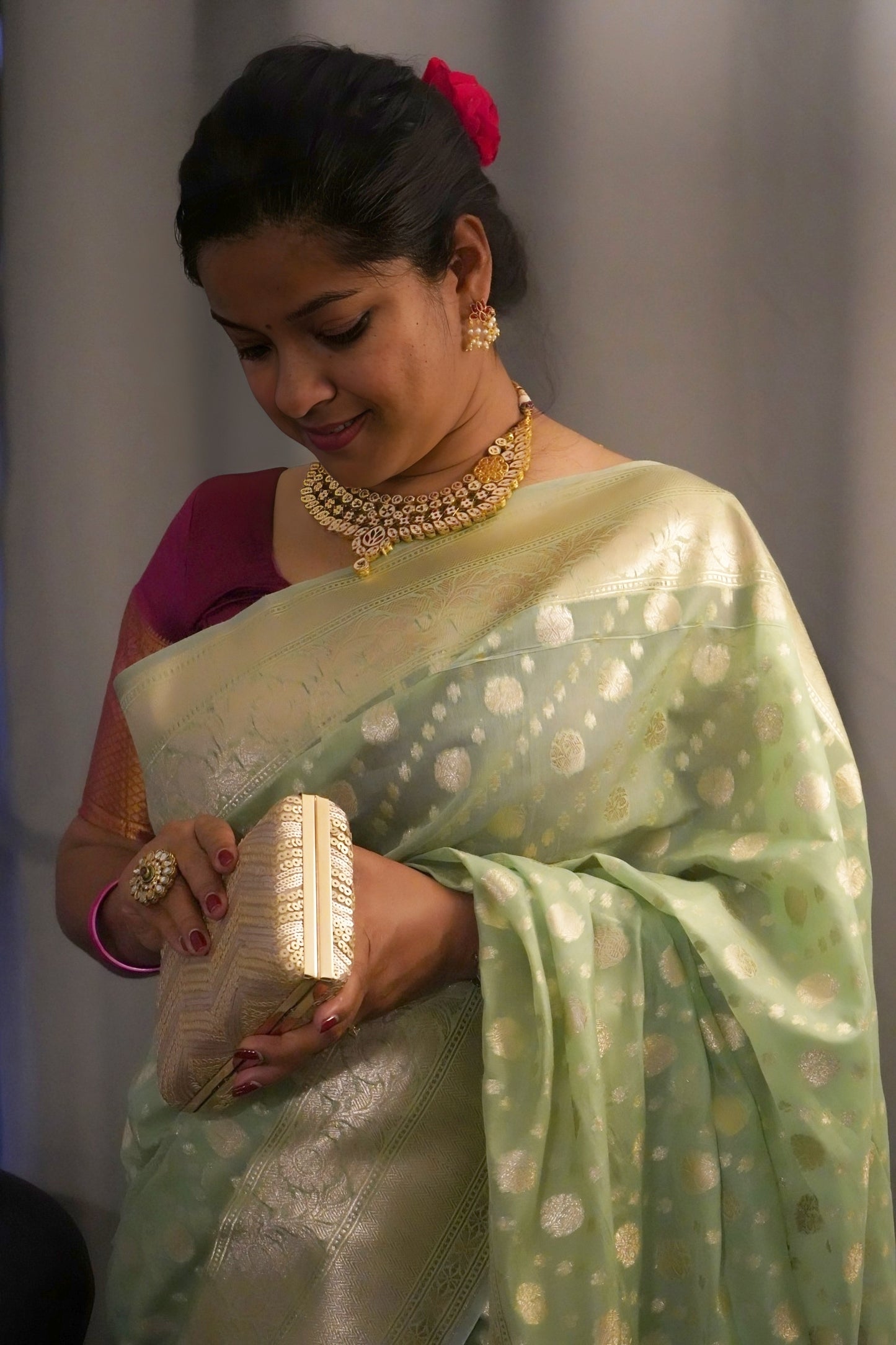 Mint Green Banarasi Cotton Saree with Zari Buti