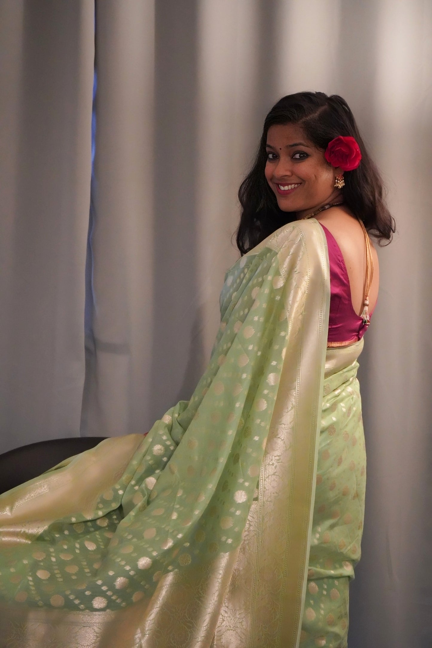 Mint Green Banarasi Cotton Saree with Zari Buti