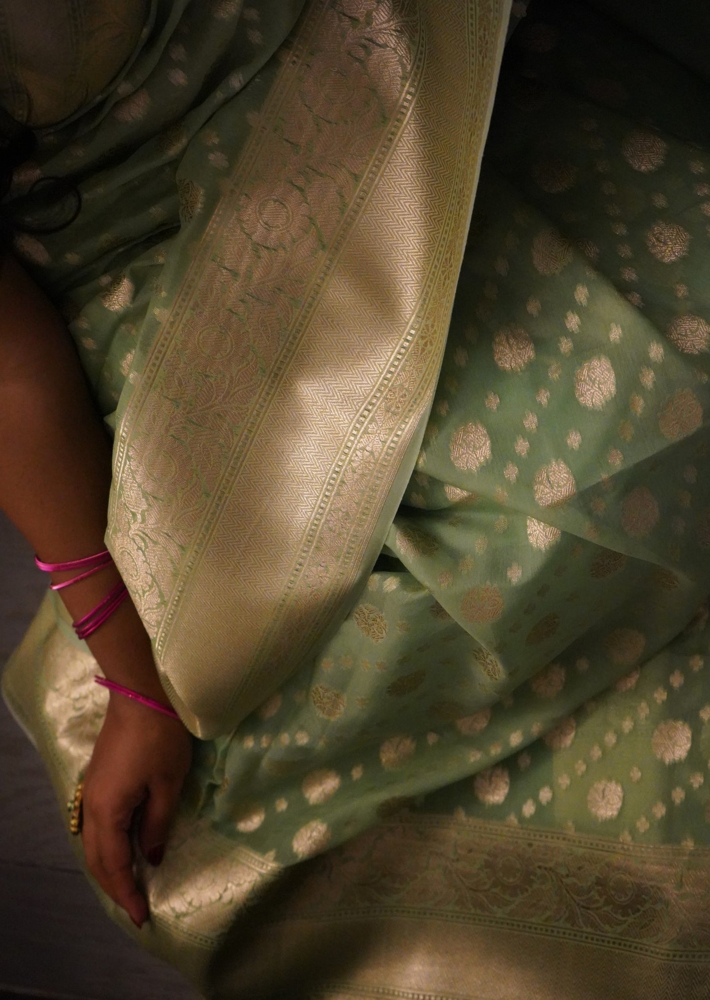Mint Green Banarasi Cotton Saree with Zari Buti