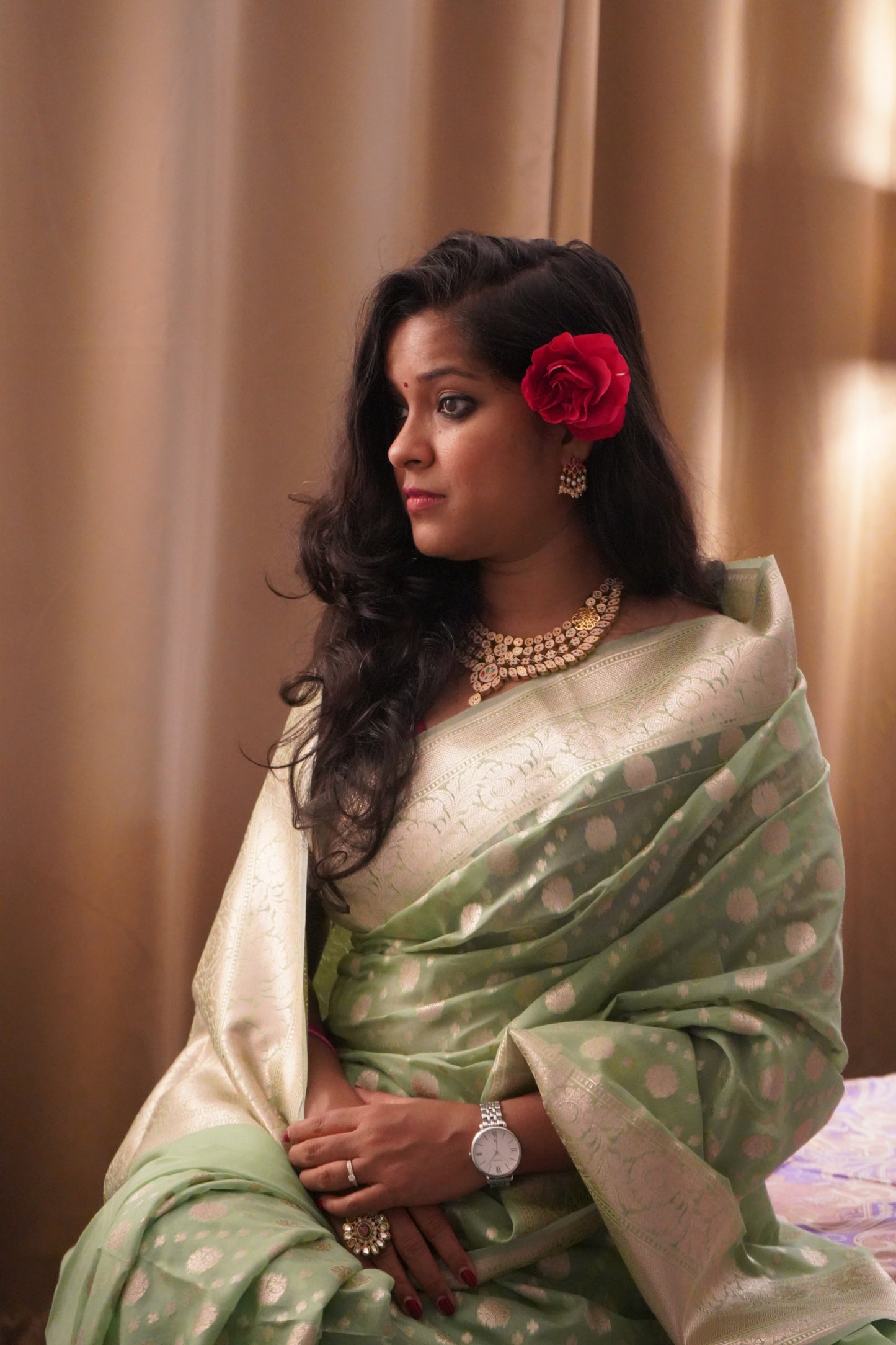 Mint Green Banarasi Cotton Saree with Zari Buti