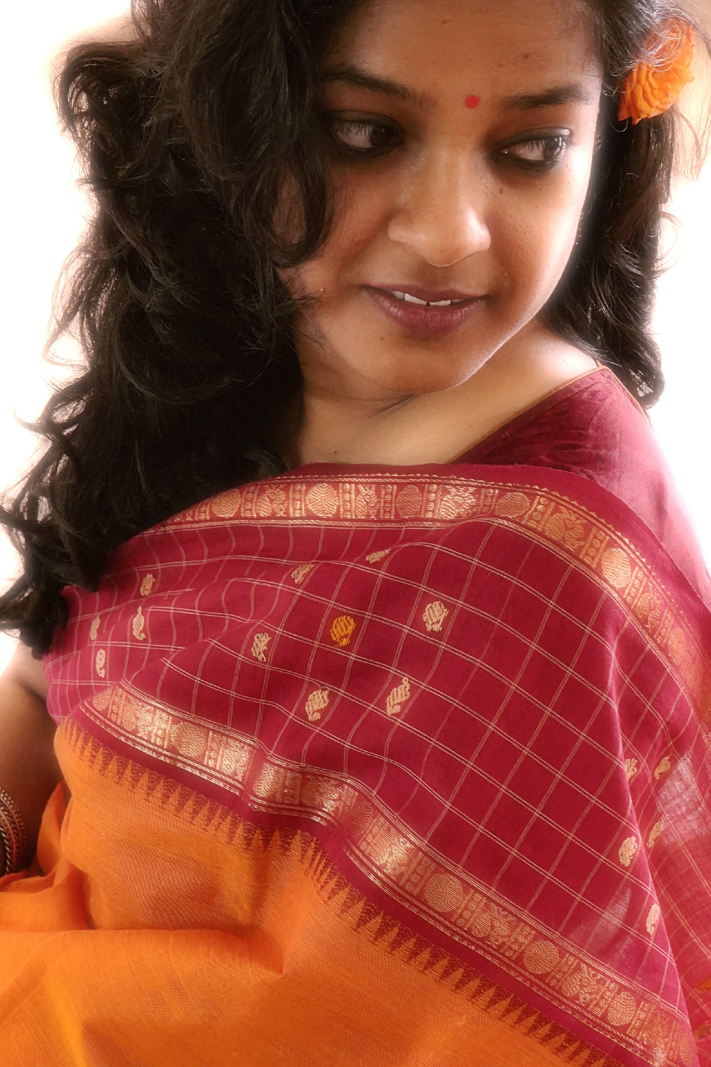 Chettinad Cotton Orange, Yellow Red Saree