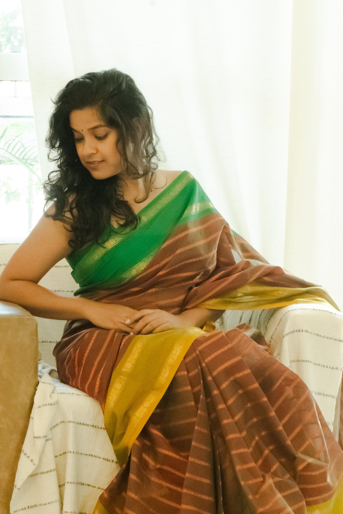 Chettinad Cotton Maroon Green Butti Stripes Saree